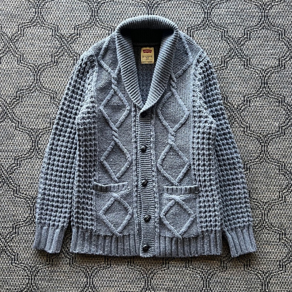 Levi's Sweater Womens Large Grey Lambswool Fisherman Cable Knit‎ Shawl Cardigan